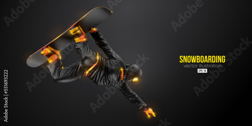 Abstract silhouette of a snowboarding on black background. The snowboarder man doing a trick. Carving. Vector illustration