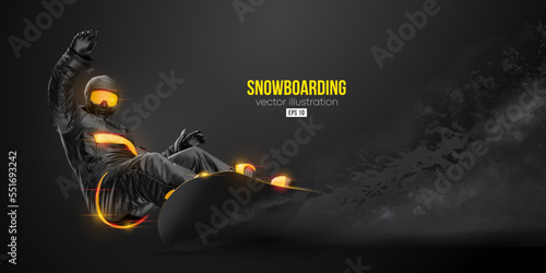 Abstract silhouette of a snowboarding on black background. The snowboarder man doing a trick. Carving. Vector illustration