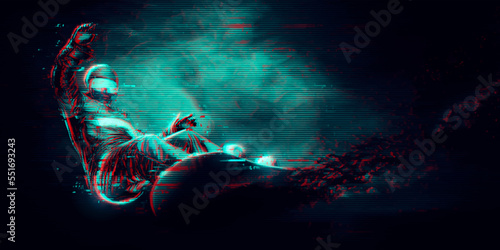 Abstract silhouette of a snowboarding on blue background. The snowboarder man doing a trick. Carving. Vector illustration