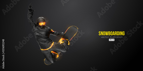Abstract silhouette of a snowboarding on black background. The snowboarder man doing a trick. Carving. Vector illustration