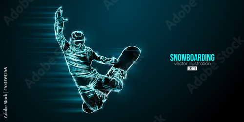 Abstract silhouette of a snowboarding on blue background. The snowboarder man doing a trick. Carving. Vector illustration