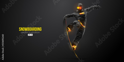 Abstract silhouette of a snowboarding on black background. The snowboarder man doing a trick. Carving. Vector illustration
