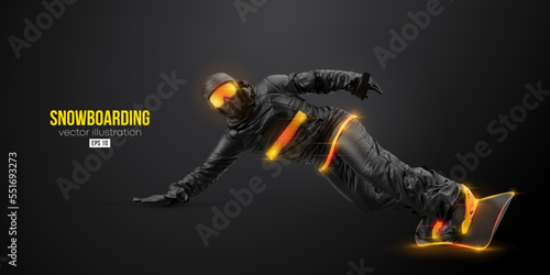 Abstract silhouette of a snowboarding on black background. The snowboarder man doing a trick. Carving. Vector illustration