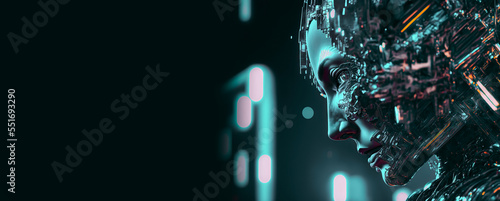 Cybernetic brain. AI conceptual futuristic banner. Cybernetics mind analysis data. Neuron network processes information	