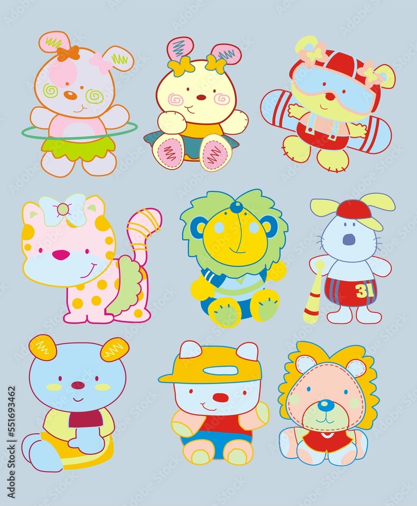 Obraz premium Set of illustrations of pets, animals, background with drawings of animals, bear, lion, cat, fun, funny, lion, 