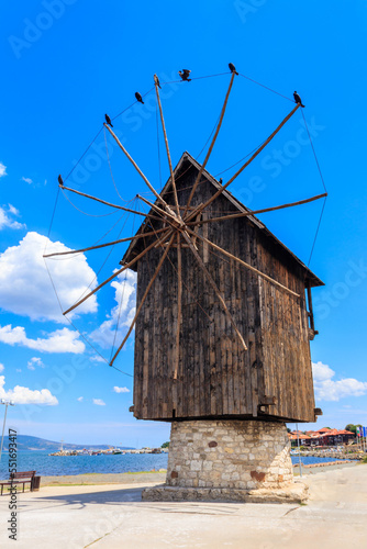 Old wooden windmill in the old town of Nessebar, Bulgaria