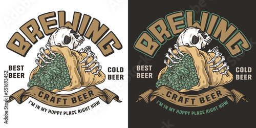 Beer emblem with skull and hop bag. Skeleton with hop in bone hands for brewery or bar. Craft beer vector logo for colored design label of pub and beer store