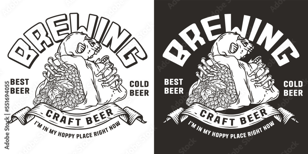 Obraz premium Beer emblem with skull and hop bag. Skeleton with hop in bone hands for brewery or bar. Craft beer vector logo for monochrome design label of pub and beer store