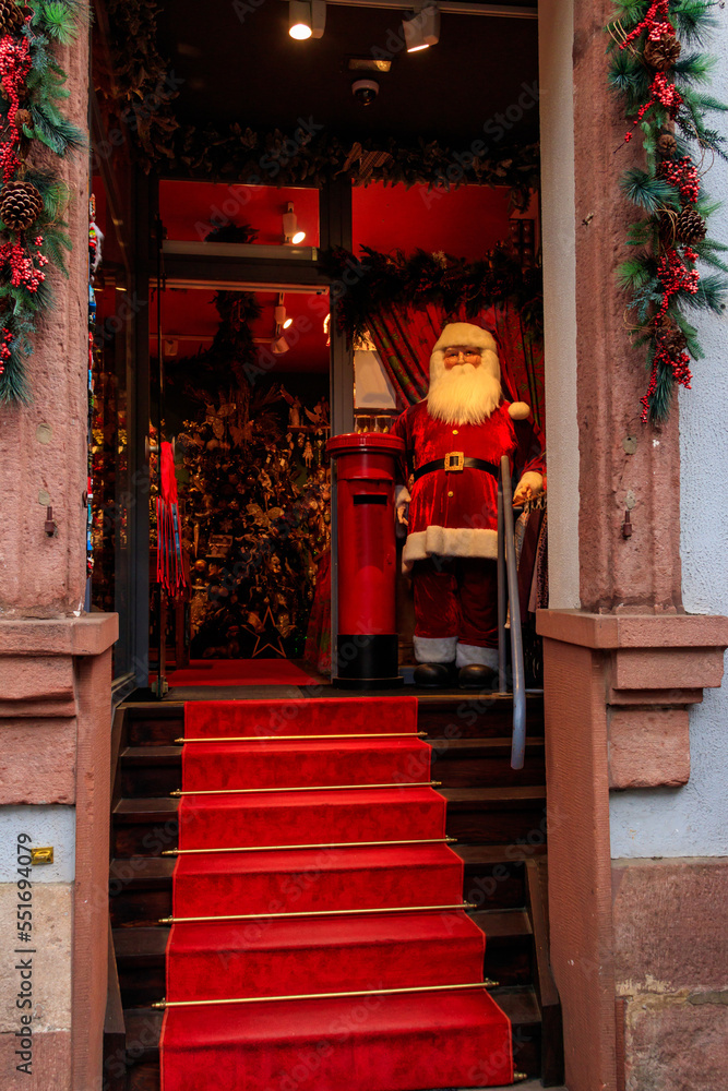 Figure of Santa Claus at the entrance to the Christmas store