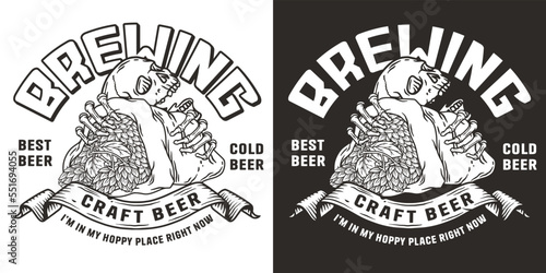 Beer emblem with skull and hop bag. Skeleton with hop in bone hands for brewery or bar. Craft beer vector logo for monochrome design label of pub and beer store