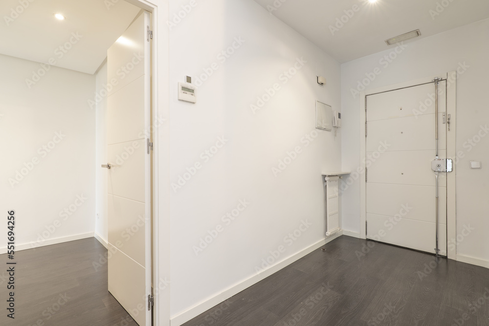 Entrance hall of a house with white lacquered wood door carpentry to match the baseboards and smooth walls Entrance hall of a house with white lacquered wood door carpentry to match the baseboards and smooth walls