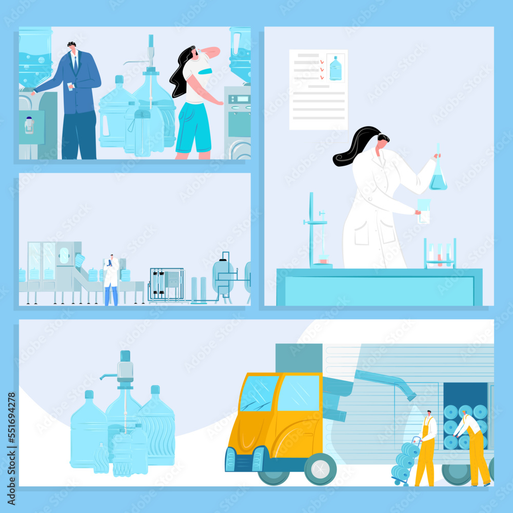 Water delivery and purification process vector illustration banners set. Testing and packaging bottles for drink. Water industry.