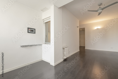 Empty living room of a house with dark laminated flooring, white plain walls and a small built-in wall safe