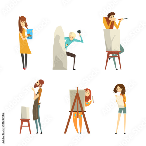 Creative Man and Woman Engaged in Handicraft Drawing and Making Sculpture Vector Set