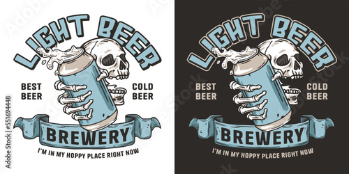 Beer skull and metal can with foam splash. Skeleton with beer can in bone hand for brewery or bar. Craft beer vector logo or emblem for label design of tin for pub and beer store