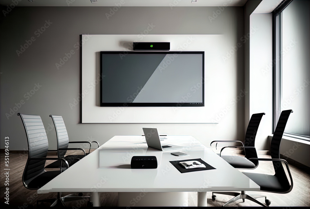 Interior of a contemporary business conference room with white walls and a monitor. Generative AI Interior of a contemporary business conference room with white walls and a monitor. Generative AI