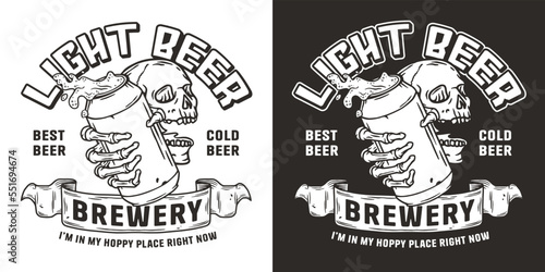 Beer skull and metal can with foam splash. Skeleton with beer can in bone hand for brewery or bar. Craft beer vector logo or emblem for monochrome label design of tin for pub and beer store