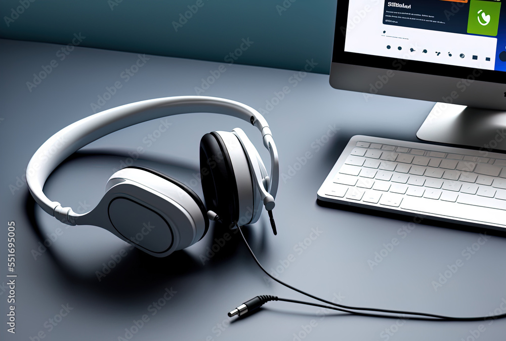 White office workstation with earbuds, a phone, and a screen showing an online study. Generative AI White office workstation with earbuds, a phone, and a screen showing an online study. Generative AI
