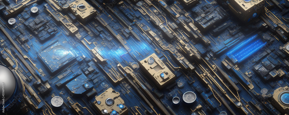 close up of a blue and black background motherboard, Generative AI