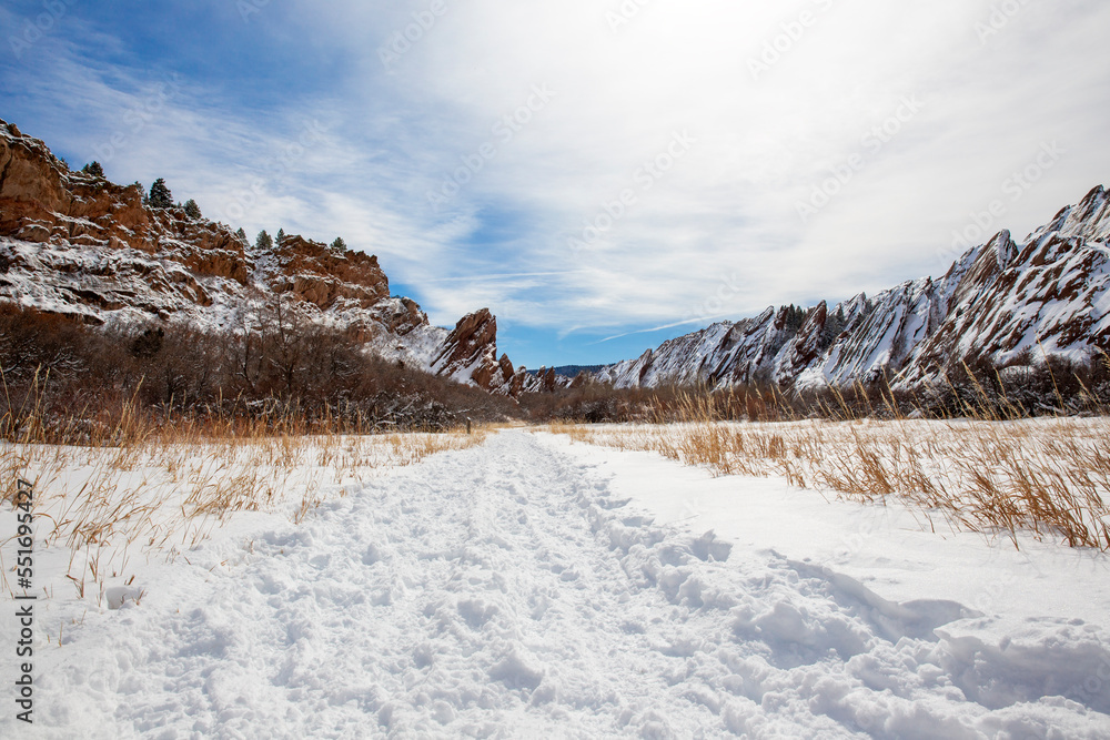 Roxborough State Park in Colorado covered with snow in winter