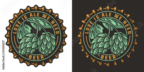Hop beer logo or brew emblem with hops and metal cap for bar or pub. Craft print or label with cork and plant for brewery shop