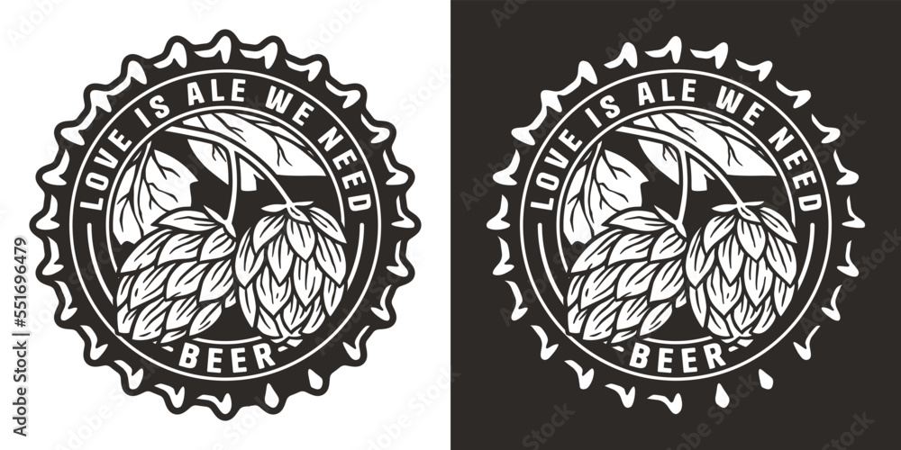 Hop beer logo or brew emblem with hops and metal cap for bar or pub. Craft print or label with cork and plant for brewery shop