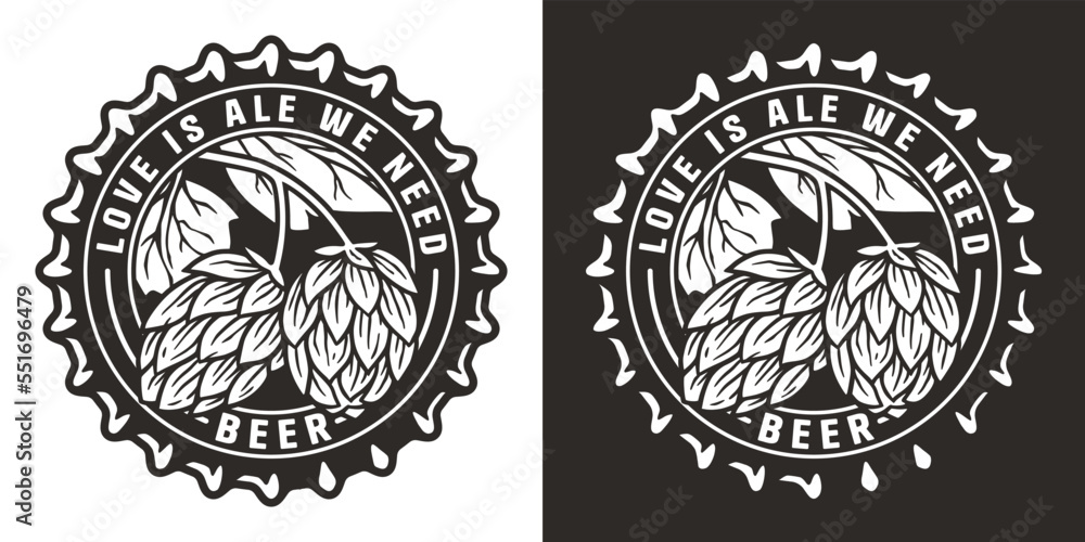 Hop beer logo or brew emblem with hops and metal cap for bar or pub. Craft print or label with cork and plant for brewery shop Hop beer logo or brew emblem with hops and metal cap for bar or pub. Craft print or label with cork and plant for brewery shop