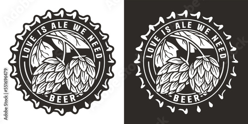 Hop beer logo or brew emblem with hops and metal cap for bar or pub. Craft print or label with cork and plant for brewery shop