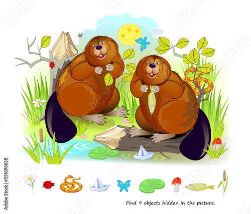 Logic puzzle game for kids. Find 9 objects hidden in the picture. Two beavers on a forest river. Educational page. Play online. IQ test. Task for attentiveness. Vector illustration.