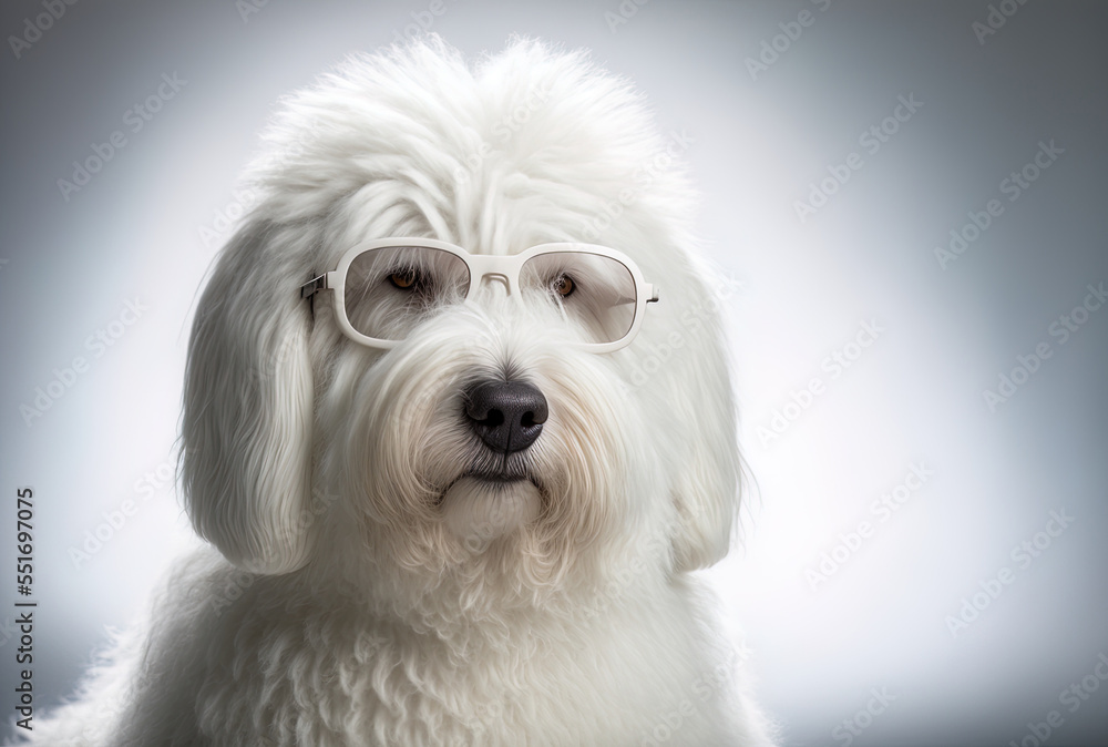 a sheepdog with fur in Catalonia wearing white glasses. alone against a white backdrop.. Generative AI a sheepdog with fur in Catalonia wearing white glasses. alone against a white backdrop.. Generative AI