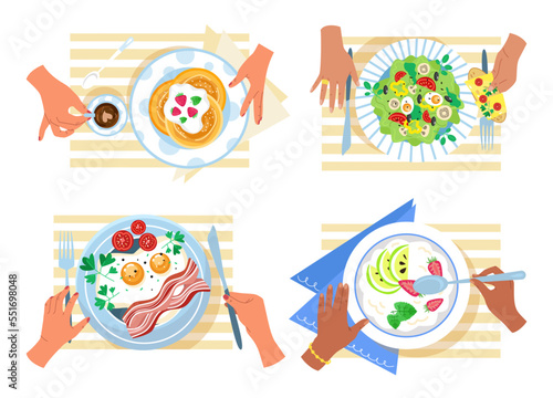 Set of different breakfast concept plate top view, european style food dish, people hand together eat flat vector illustration, isolated on white.