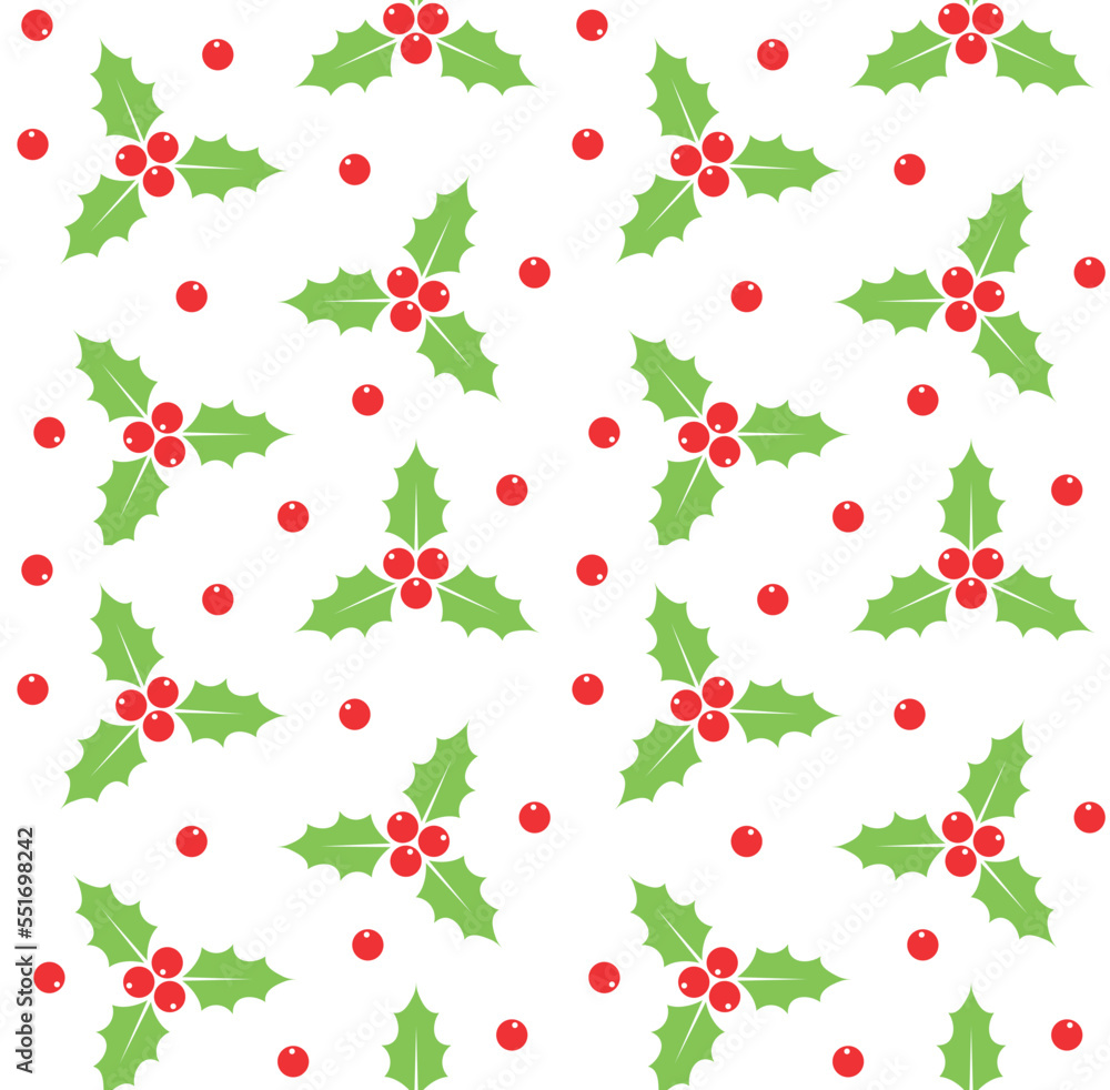 Vector seamless pattern of flat Christmas holly berry isolated on white background Vector seamless pattern of flat Christmas holly berry isolated on white background