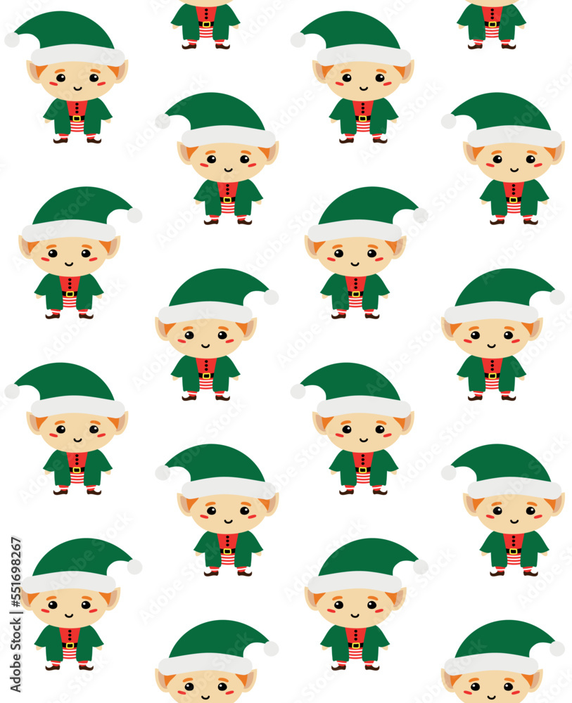 Vector seamless pattern of flat hand drawn Santa elf isolated on white background