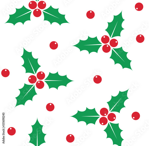 Vector seamless pattern of flat Christmas holly berry isolated on white background