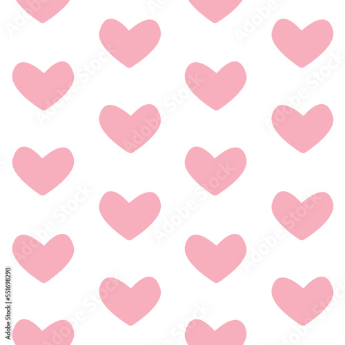 Vector seamless pattern of pink hand drawn flat heart isolated on white background