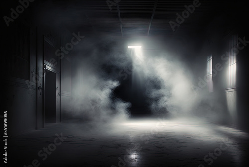 Dark, empty space with internal displays of smoke, fog, and smoke rays on the walls and floor.. Generative AI