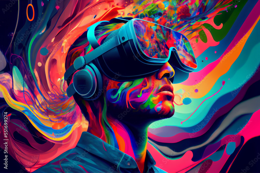 Fototapeta A person in a futuristic virtual reality headset, surrounded by a sea of vibrant data and sensory stimuli, interactting with a virtual reality environment that has been designed to simulate the brain 