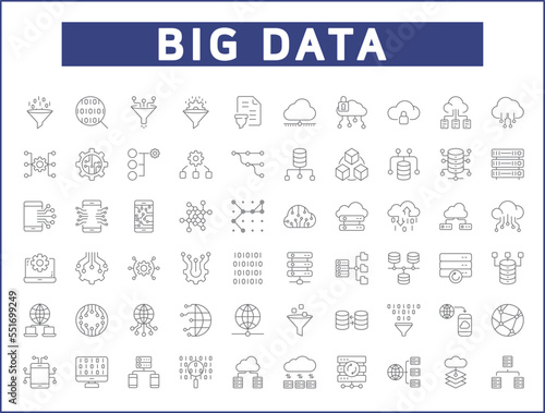 Simple Set of big data Related Vector Line Icons.
Vector collection of database, network, processing, analytics, search, mining, filter, flow, cloud and design elements symbols or logo elements