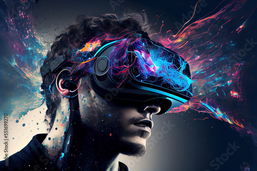 A person in a futuristic virtual reality headset, surrounded by a sea of vibrant data and sensory stimuli, interactting with a virtual reality environment that has been designed to simulate the brain  © Sparrowski