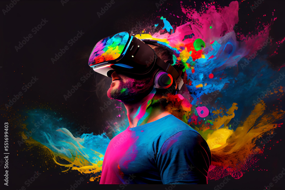 A person in a futuristic virtual reality headset, surrounded by a sea of vibrant data and sensory stimuli, interactting with a virtual reality environment that has been designed to simulate the brain A person in a futuristic virtual reality headset, surrounded by a sea of vibrant data and sensory stimuli, interactting with a virtual reality environment that has been designed to simulate the brain