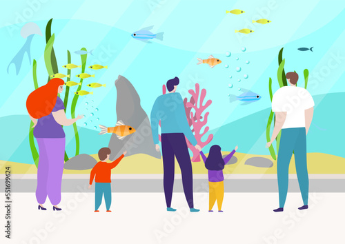 Friendly family with children relax in ocean oceanarium, character people together watch fish aquarium flat vector illustration.