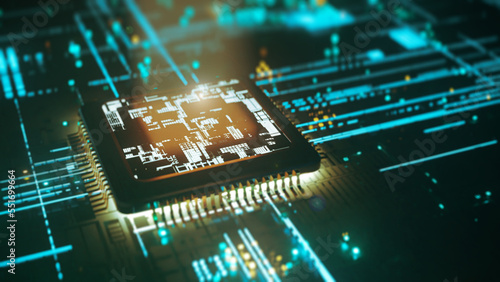 Canvas Print semiconductor chip glowing bright yellow, 3d rendering