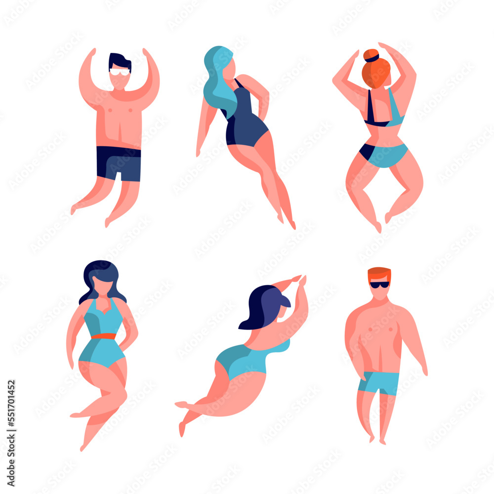 People Characters in Swimsuit Swimming and Floating in Water Vector Set People Characters in Swimsuit Swimming and Floating in Water Vector Set