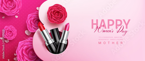 Happy women's day vector design. International women's and mother's day celebration with flowers and lipstick elements for brochure decoration. Vector Illustration.
