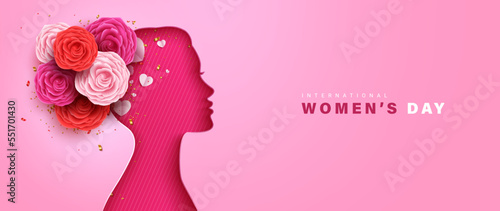 International women's day vector design. Women's day greeting text with silhouette woman and flower elements in pink background. Vector Illustration.
