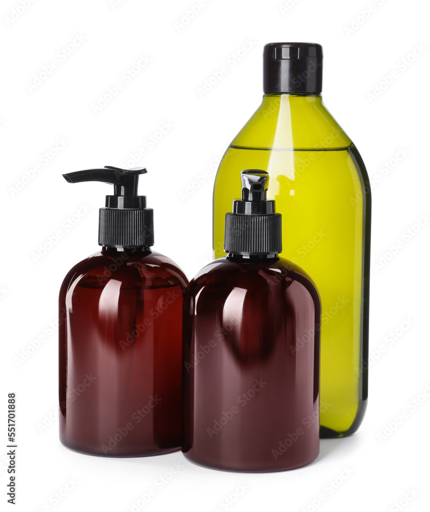 Different bottles of shampoo on white background Different bottles of shampoo on white background