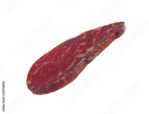Piece of delicious beef jerky isolated on white