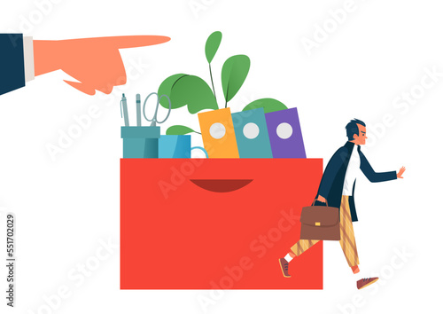 World financial crisis, worker dismissed from company, angry fired tiny character employee flat vector illustration, isolated on white.