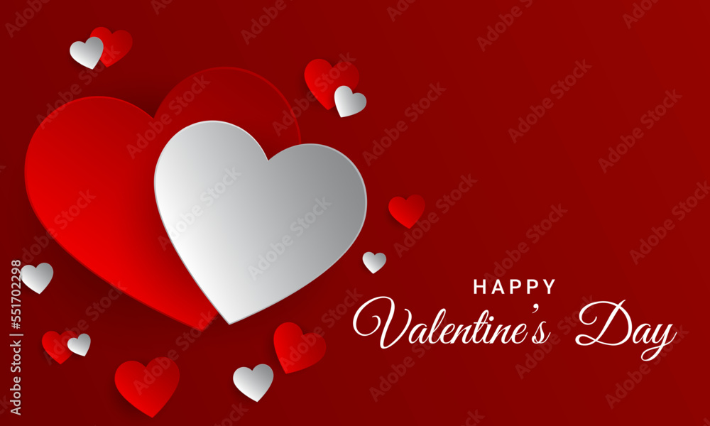 Valentine's day concept banner with red and white paper hearts. Red valentine background design template. Vector illustration