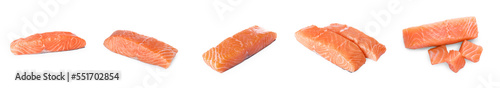 Set with pieces of fresh raw salmon on white background. Banner design